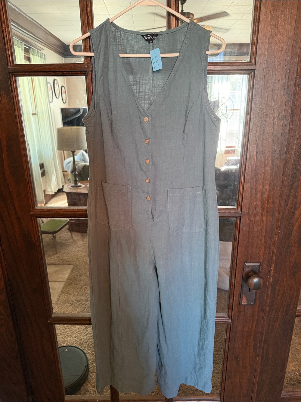 Yeokou Sage Green Linen Blend Button Front Wide Leg Jumpsuit Medium Tie Back